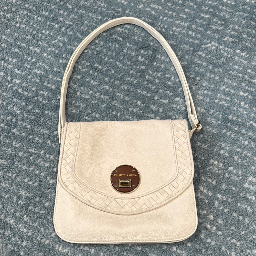 Elliott Lucca Cream Textured Leather Shoulder Bag / Purse with Flap Clos…